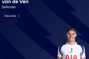 梅開二度！英超官方：范德芬當(dāng)選熱刺3-0埃弗頓全場(chǎng)最佳